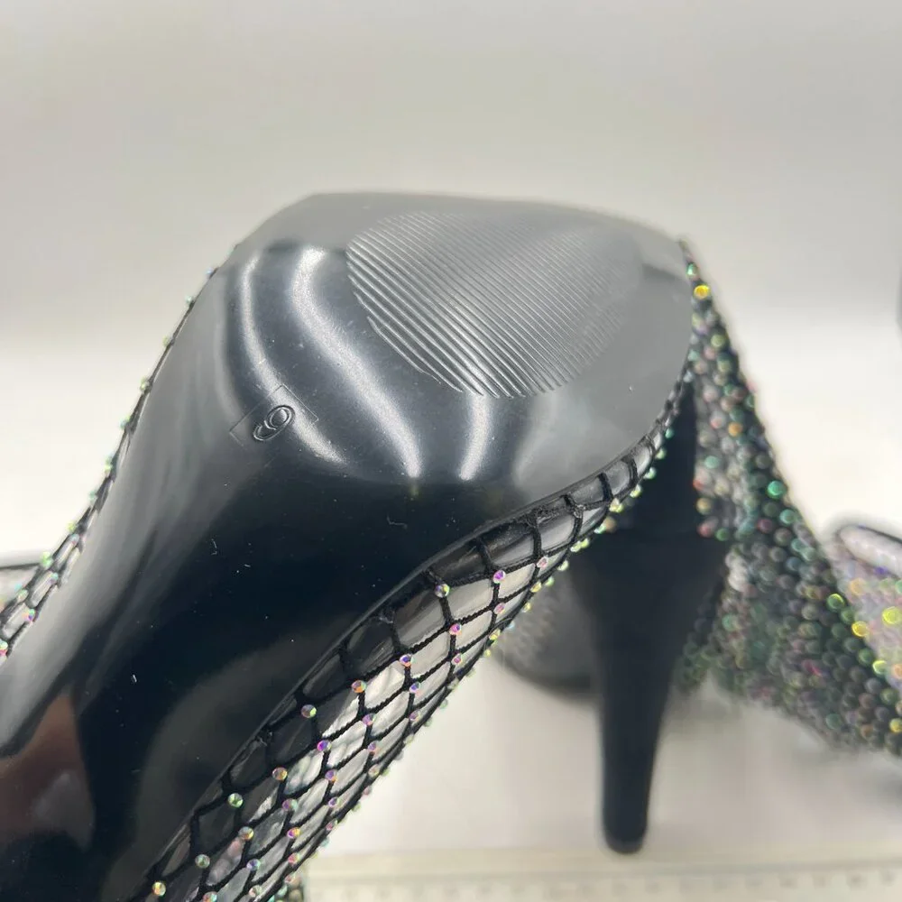 FSJ Black Diamante Fish Net Sexy High Heel Long Boots